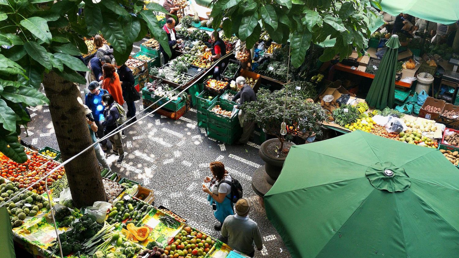Local market with people walking through fresh fruit and vegetable stalls